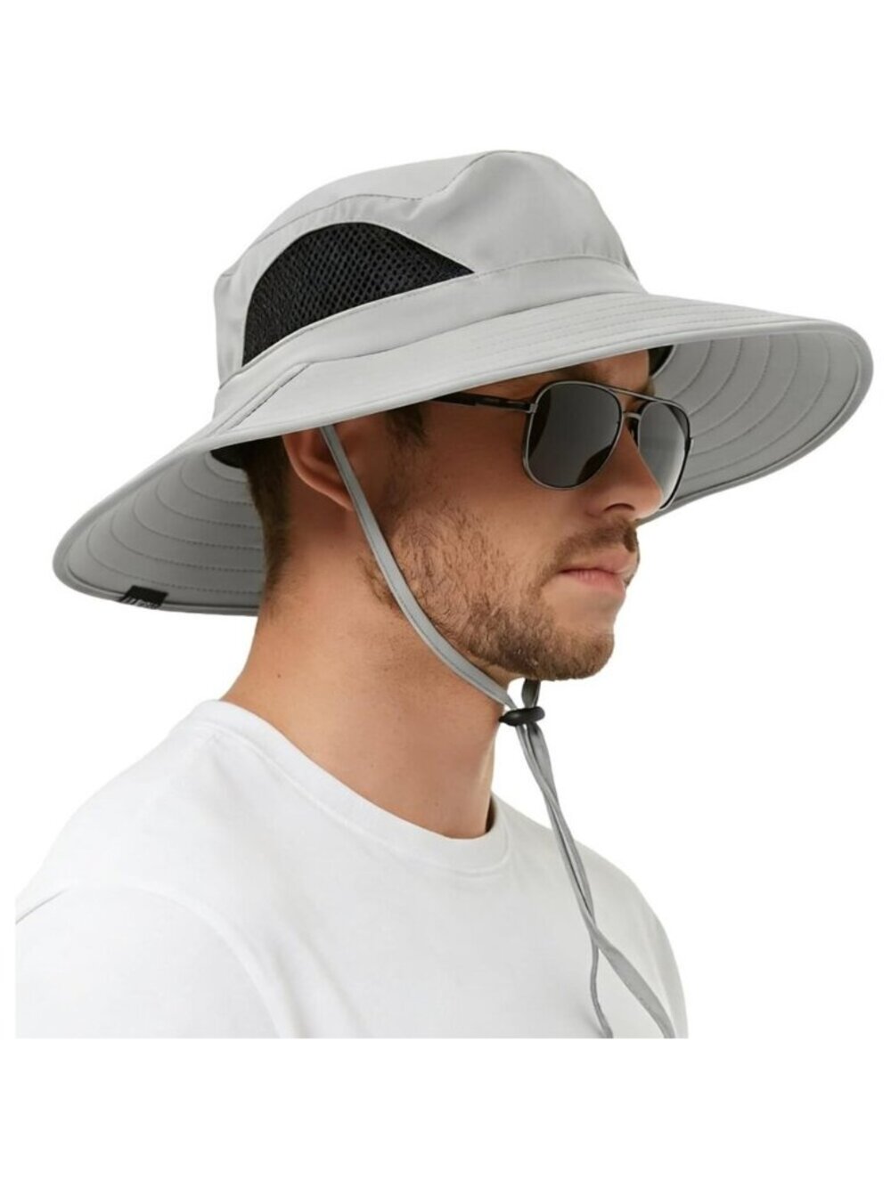 Unisex Grey 100%Polyester Wide Brim Mesh Vents With Chin Strap Fishing Sun Hat